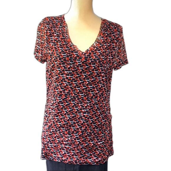 Dana Buchman Tops - Modern Blouse Women Red Black White Geometric Mosaic V-Neck Short Sleeve L